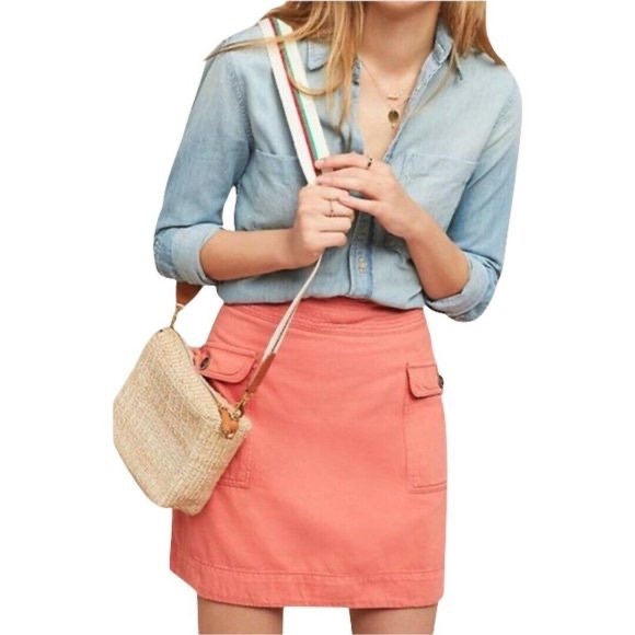 Anthropologie Cotton Linen Flap Pocket Utility Raspberry Skirt - Picture 2 of 8